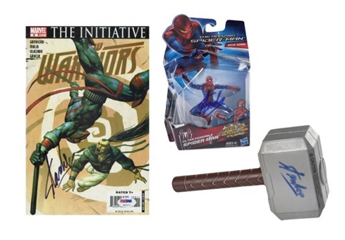 Lot of (3) Stan Lee Autographs (Thor Hammer, Spiderman Figurine, & Comic Book)